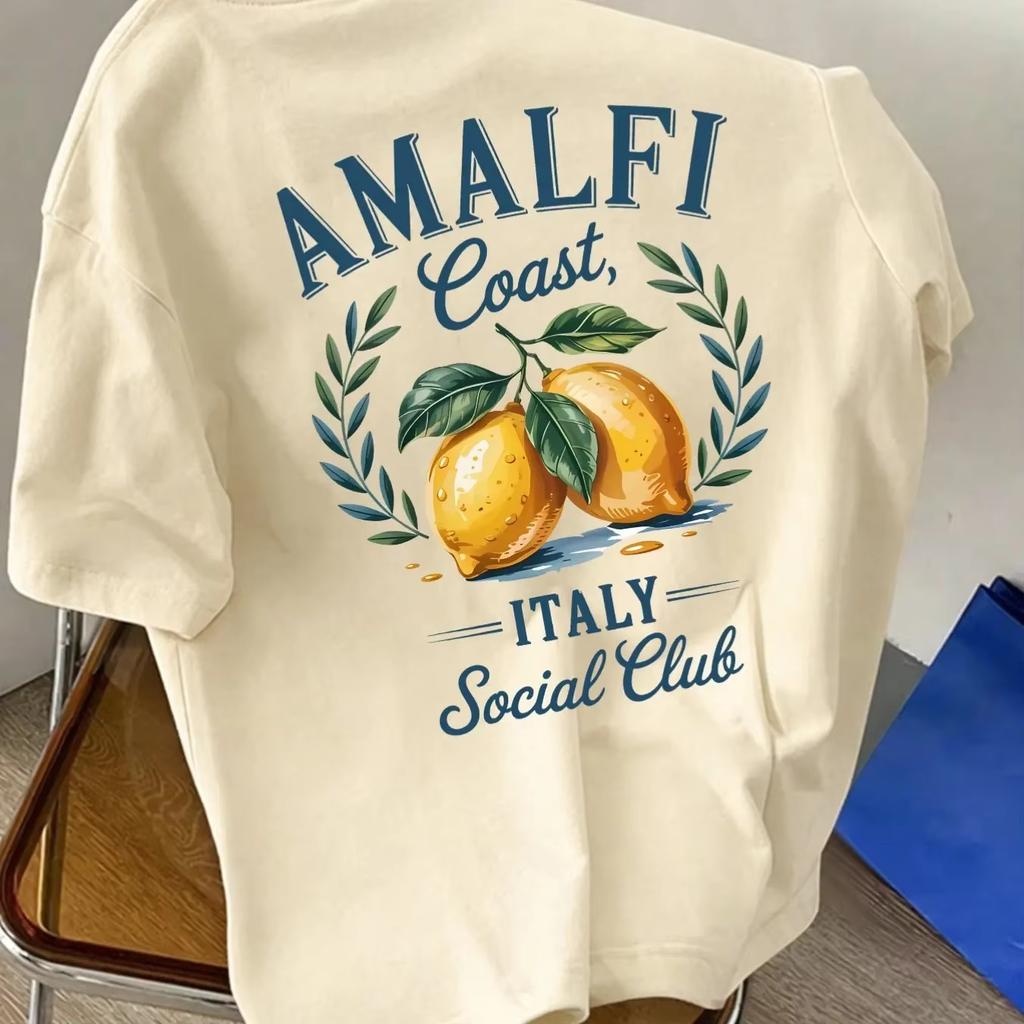 Baumwolle Unisex T-Shirt Amalfi Küste Social Club Italienisches Zitronenmuster Unisex Lässiges Urlaubs Oberteil