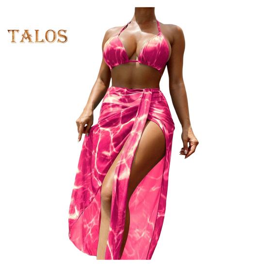 3 sztuk/zestaw damski zestaw kostiumów kąpielowych Tie-dye sznurowany dekolt typu halter dopasowane kolory odsłaniający wysoką talię bezprzewodowe letnie plażowe stroje kąpielowe strój kąpielowy brodząc