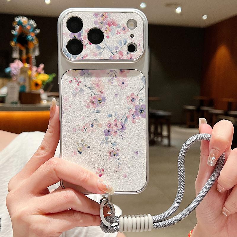 Oil Painting Floral Leather Lanyard Case For iPhone 18 Pro Max Hybrid TPU+PU Anti-skid Soft Cover For iPhone 17 16 15 14 13 Pro Max