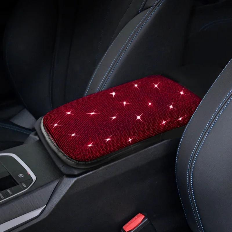 Bling Car Armrest Cover Auto Center Console Protective Cover Crystal Rhinestone Arm Rest Cushion Pad Car Accessories for Women