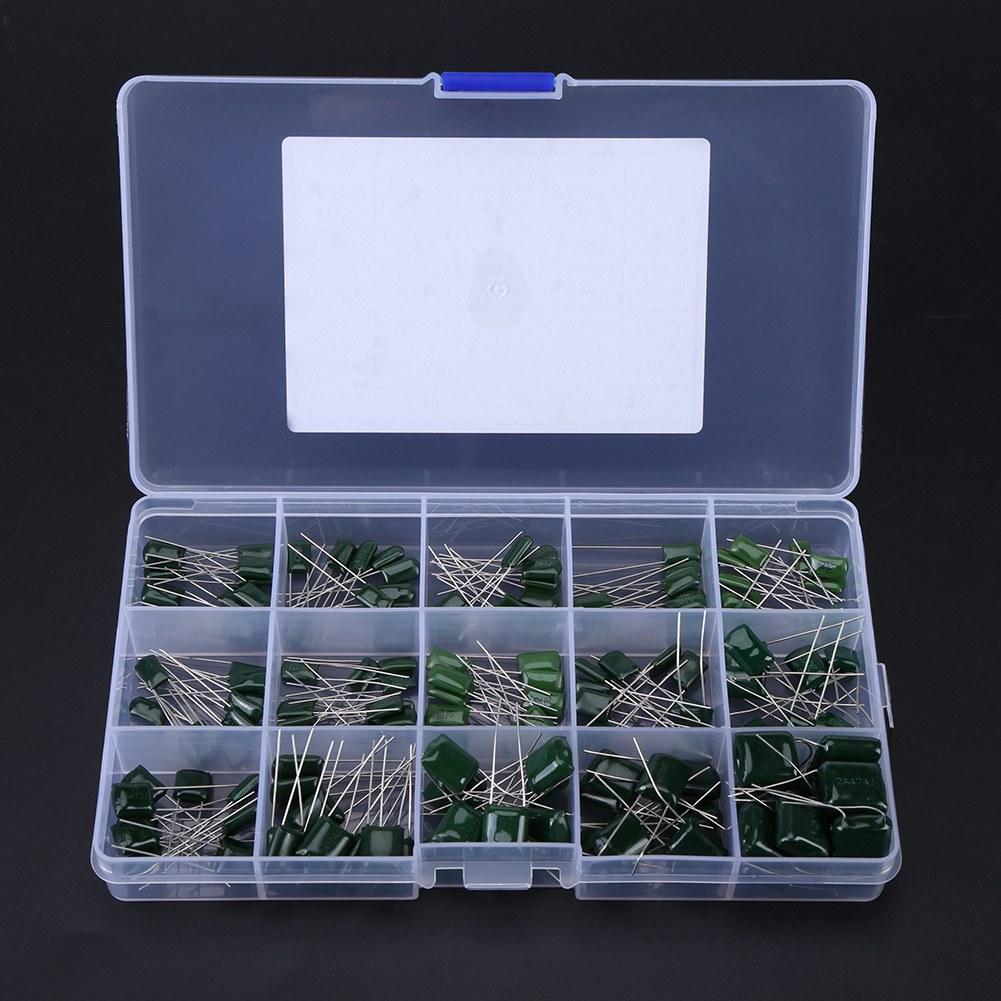 150pcs 100V 15 Value 0.33nF 470nF Polyester Film Capacitors Assortment Kit Box