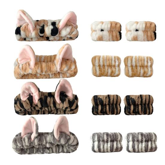 2Pcs/Set Women Hairband Wristband Set Cartoon Cat Ear Decor Soft Breathable Fabric Headband Wristband Set