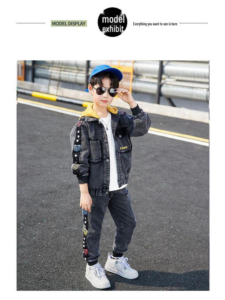 2025 Boys' Fashionable Autumn Denim Outfit - Korean Style Chic Two-Piece Set for Kids