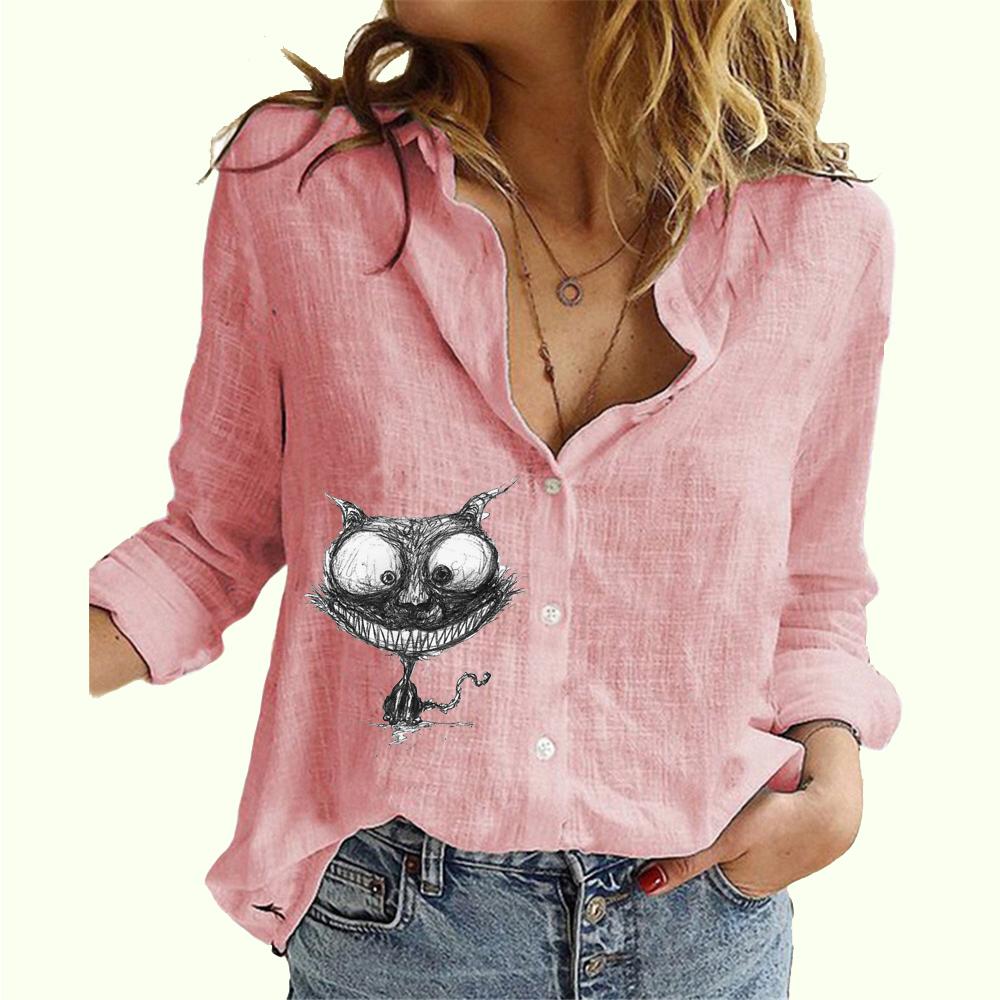 Women Fashion Buttoned Long Sleeve Shirt Ladies Casual Thin Cotton Linen Top Cat Print Long Sleeved Blouse