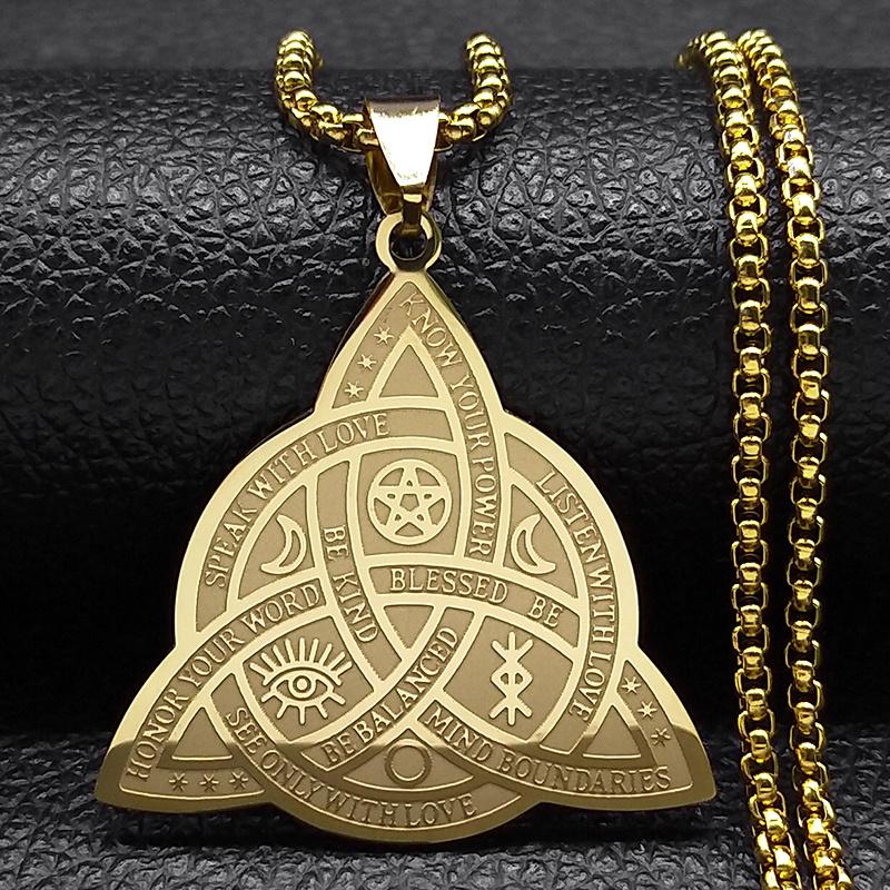 Witch Triquetra Trinity Celtic Knot Necklace Stainless Steel Pentagram Triple Moon Goddess Necklaces Jewelry Collar N3406S02