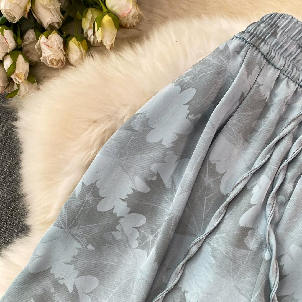 High Quality Ink-wash Acetate Satin Tie-Dye Rayon Wide-Leg Pants for Women Summer High-Waisted Slimming Loose-Fit Trousers