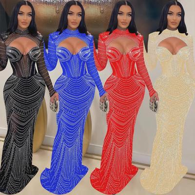 OS6843 European & American Women's Mesh Diamond Long-Sleeve Dress
