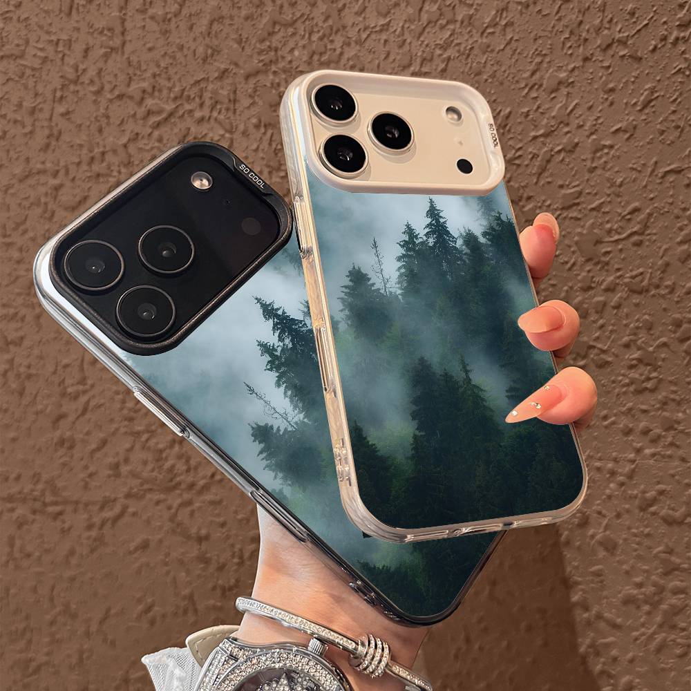 Mountain Misty Forest Phone Case for iPhone 17 17Air 16 15 14 13 12 11 Pro Max Plus Colorful Silver