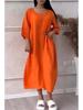 2024 Women's Cotton Linen Solid Colored Casual Button Long Dress with Round Neck