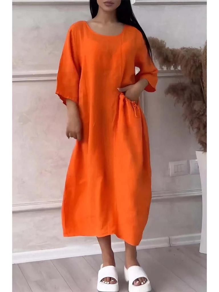 2024 Women's Cotton Linen Solid Colored Casual Button Long Dress with Round Neck