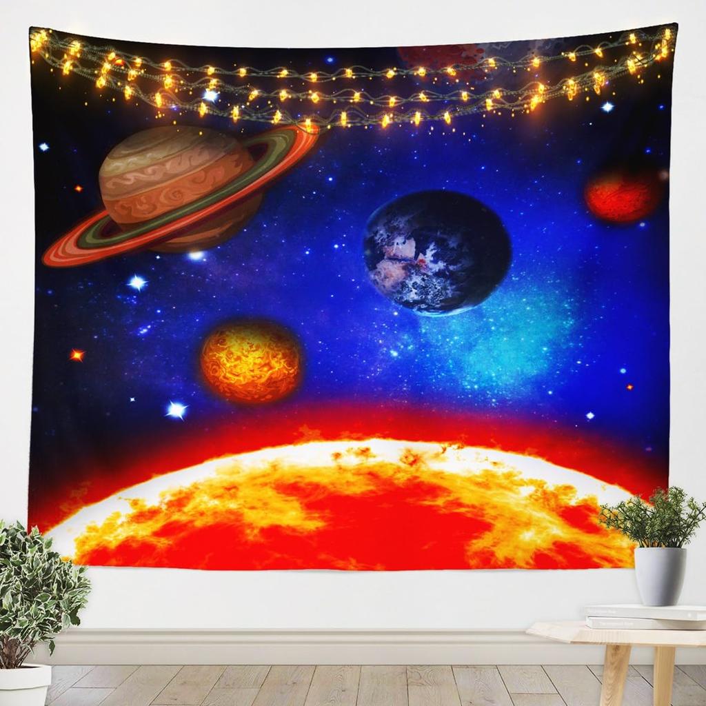 Galaxy Tapestry Outer Space Wall Tapestry for Boys Kids Universe Themed Tapestries Cute Cartoon Planet Rocket Print Wall Hanging