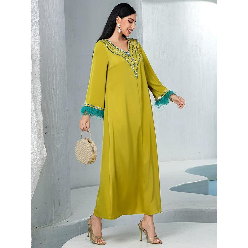 New Middle East Patchwork Feather Sleeve Diamond Robe Dress V-Neck Diamond Studded Dress