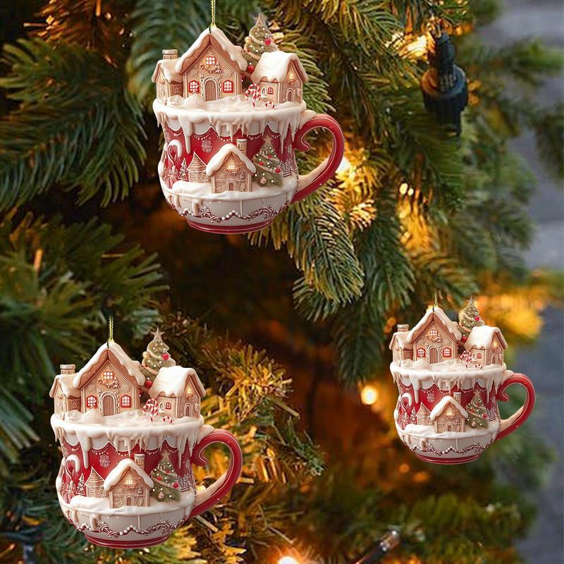 Acrylic Coffee Cup Ornament 2D Art Keychain Pendant Christmas Snow House Pendant Decoration Christmas Tree Pendant Decoration