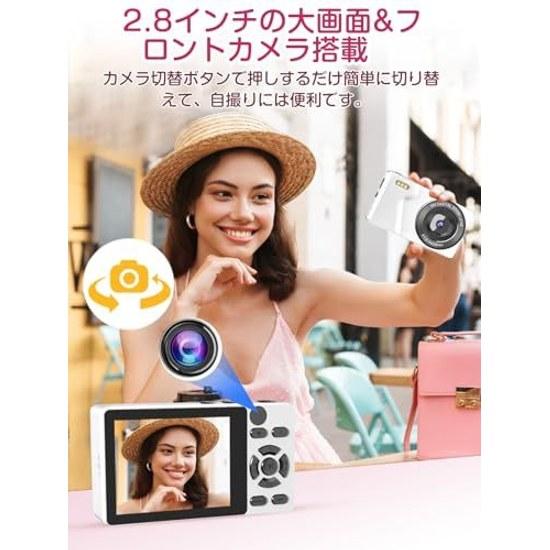 Selfie Function QZTCAMERA Digital Camera 4K 64 Megapixels 64g Card Included Front Type-C Cable Smartphone Connection Time-Lapse Recording 2.8-Inch 18x