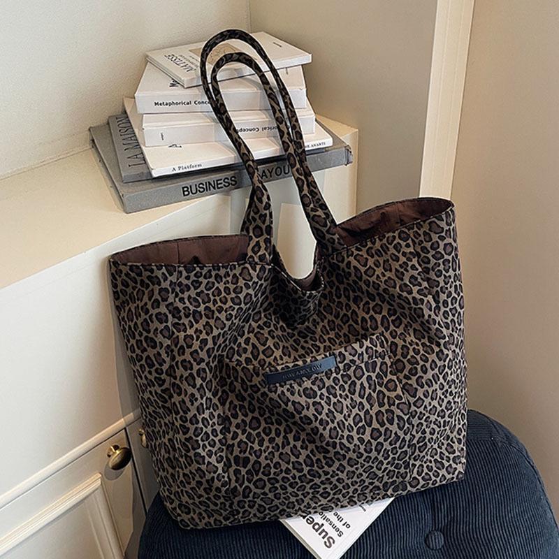 Leopard Print Canvas Bag Women's Large-capacity Autumn and Winter Versatile Shoulder Bag Casual College Student Tote Bag