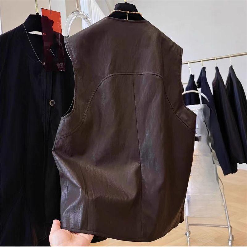 Gilet in Pelle da Donna Autunnale di Alta Moda Design Chic Unico Girocollo Senza Maniche Taglie Forti Gilet da Sovrapporre Capo Esterno per Donne