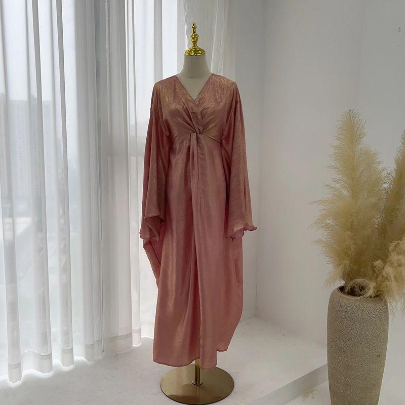 

New Arrival Middle East Elegant V-neck Knot Batwing Sleeve Robe Dress V-Neck Bat Sleeve Dress Pink All yards