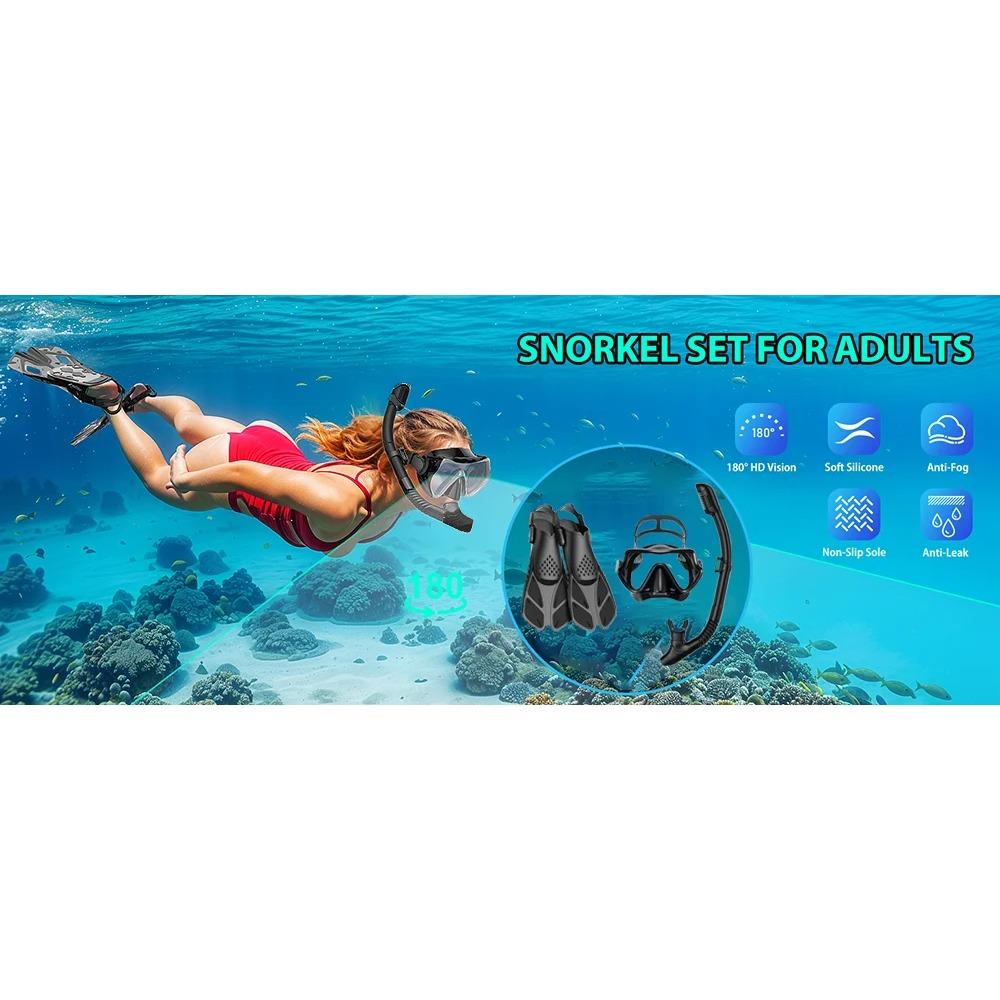 Mask Fin Snorkel Set Snorkel Gear for Adult Panoramic View Snorkel Mask Adjustable Dive Flipper Dry Top Snorkel and Travel Bag