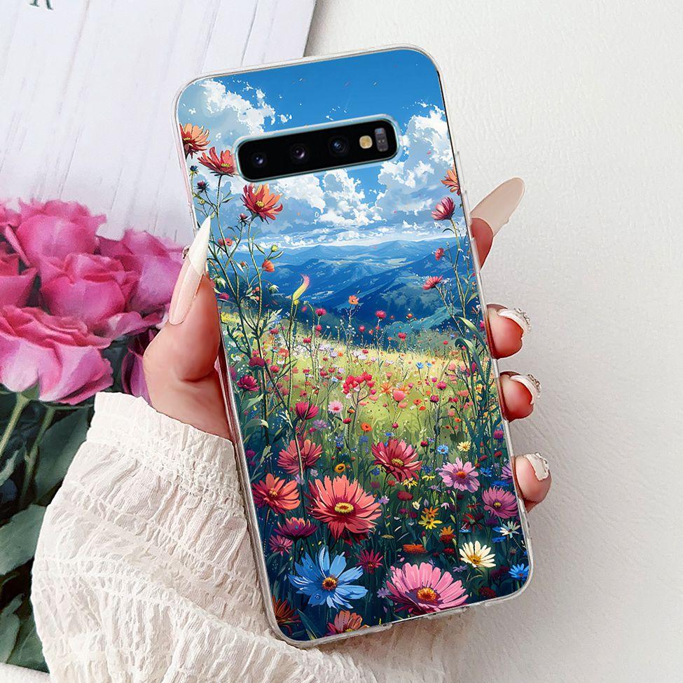 For Samsung S10 Plus Case SM-G975F Cute Kawaii Fashion Flowers Luxury Cool Painted Soft Cover For Samsung Galaxy S10+ Phone Case