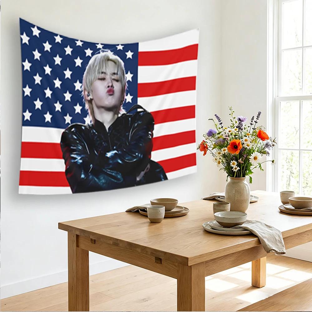 Lee Know Cute Toothed Mouth American Flag Skz Kpop Banner Dormitory Home Decoration Tapestry Fan Birthday Gift