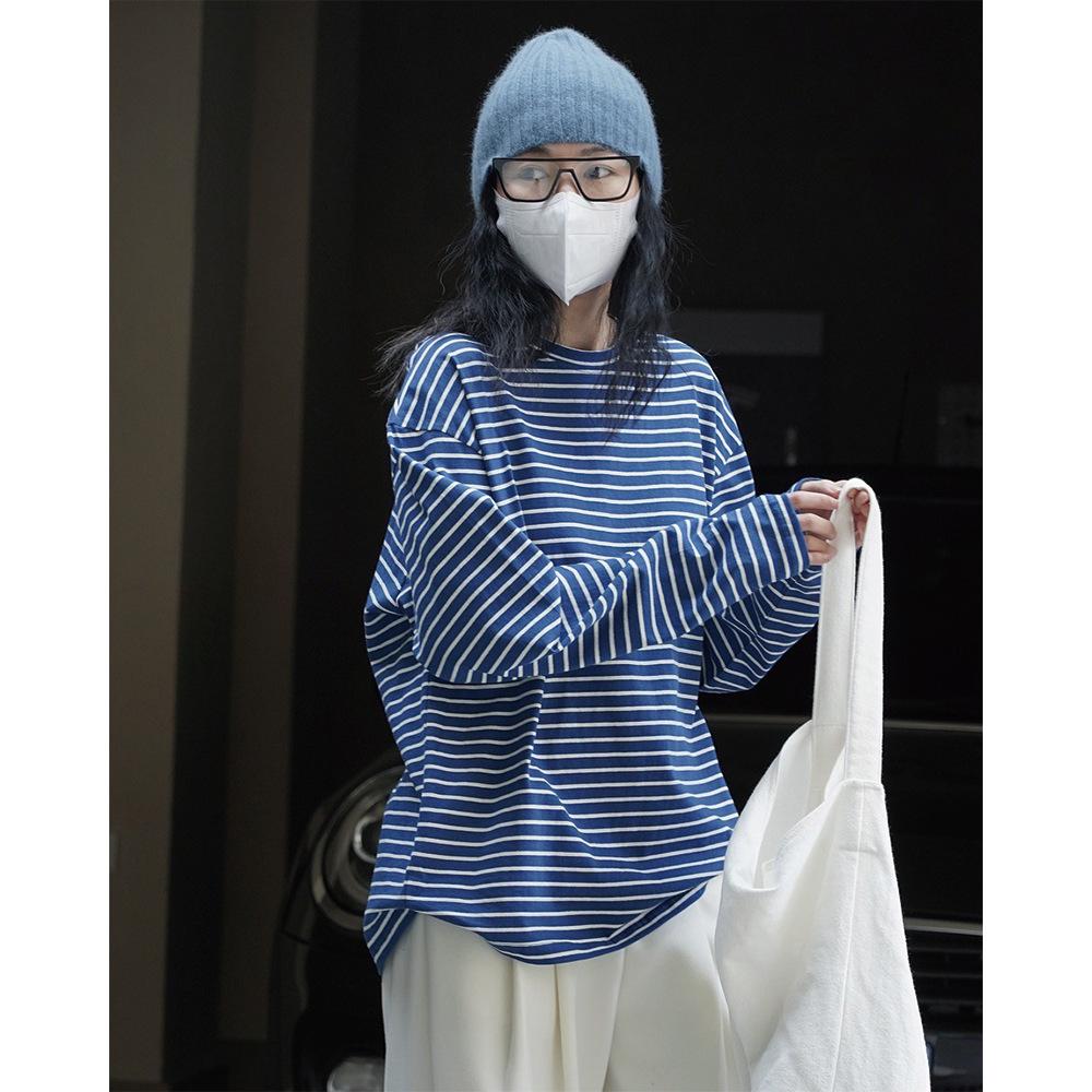 

Johnature повседневные женские хлопковые футболки весна-лето простые свободные универсальные пуловеры в полоску с длинными рукавами женские топы S синий