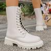 Fashion Fashion Black PU Leather Mid Calf Boots Women Thick Sole Non Slip Combat Boots Woman Autumn Winter Lace Up Platform Botas Mujer