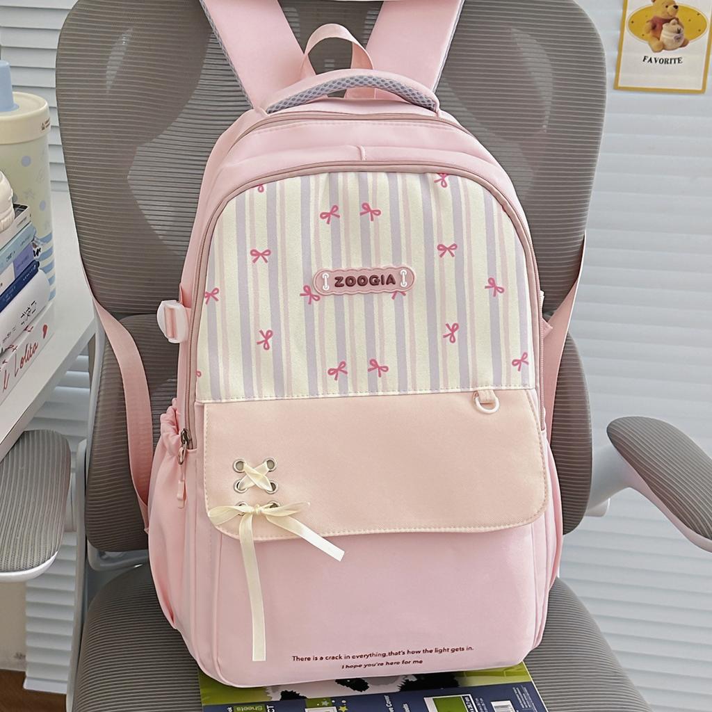 Schoolbag Fresh Striped Bow Backpack Middle School Student Class School Bag Women's Large Capacity Versatile Commuter Backpack