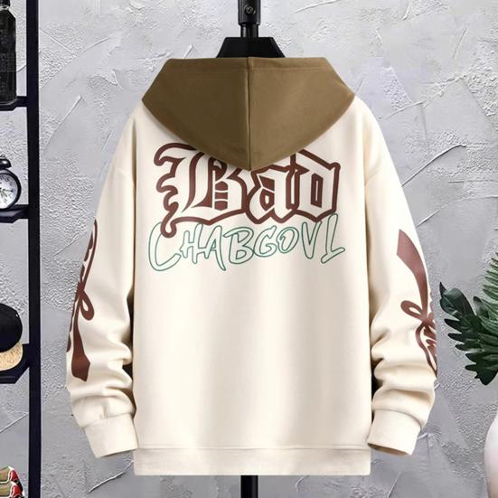 Winter Men Hoodie with Hood Drawstring Letter Printing Color-blocked Hip Hop Style Oversized Thickened Warmth Rentention Outerwear