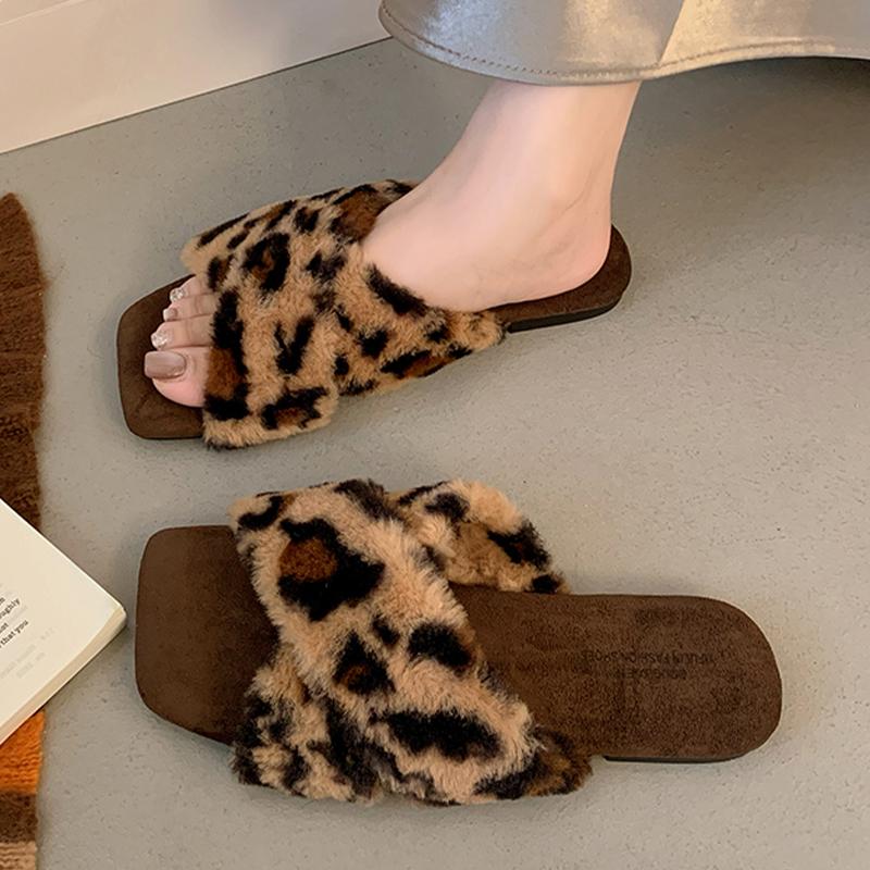 Fashion Flats Women Slippers Leopard Fashion Cotton Shoes Cozy Fur Dress Woman Botas 2025 Winter Casual Designer New Zapatos De Mujer