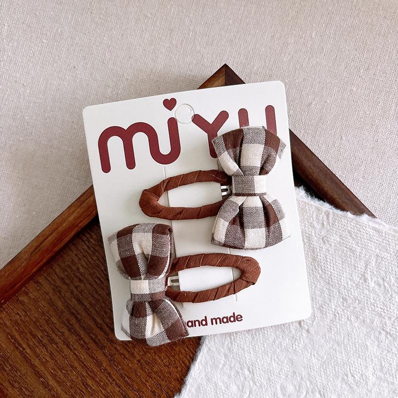 2 Pièces/Ensemble Doux Couleur Café Pinces à Cheveux Bébé Fille Coton Pois Pois Épingle à Cheveux Enfant Imprimés Écossais Tartan Nœud Barrette Accessoires Cheveux Enfants