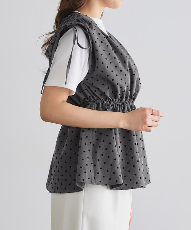 Pierrot Peplum Bustier Top with Flocked Drawstring Navy Dots, Figure-Facing, Design, Women's, Medium,