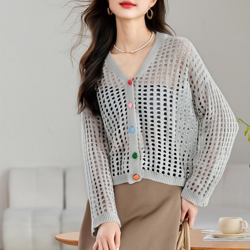 

Летний женский милый свитер с длинным рукавом, однотонный, с ажурной вязкой, кардиган на пуговицах, топы One Size серый