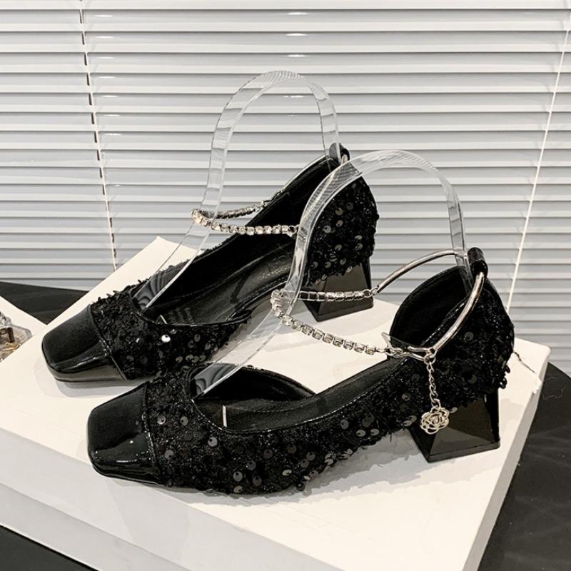 

Мода Мода Боковые Пустые Одиночные Туфли Лето Новые Квадратный Носок Мелкий Вырез Ткань с Пайетками Кристальная Пряжка Нескользящие Туфли на Квадратном Каблуке 35