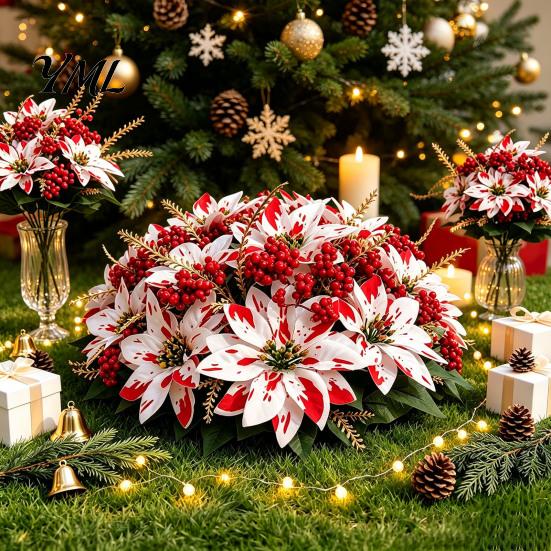 Artificial Dieffenbachia Plants Poinsettia Flowers, Christmas Fake Floral Berry Centerpiece, Fade-Resistant Life Like Indoor Greenery Red And