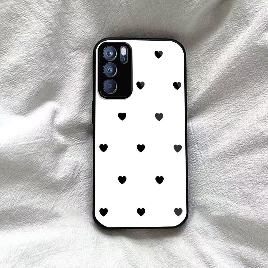 Black Heart Pattern Phone Case for OPPO Reno6 5G Acrylic Back TPU Bumper Shockproof Protective Cover, Minimalist Korean Style