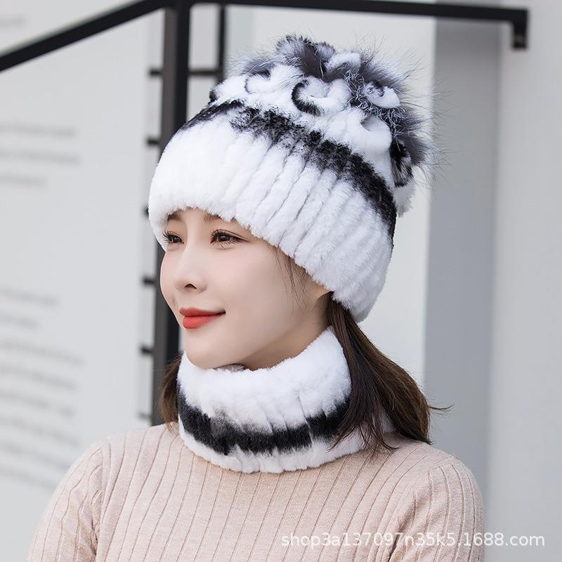 New Women's Rex Rabbit Hair Hat Winter Thickened Warm Fashion Versatile Elastic Fur Woven Hand Sewn Knitted Hat