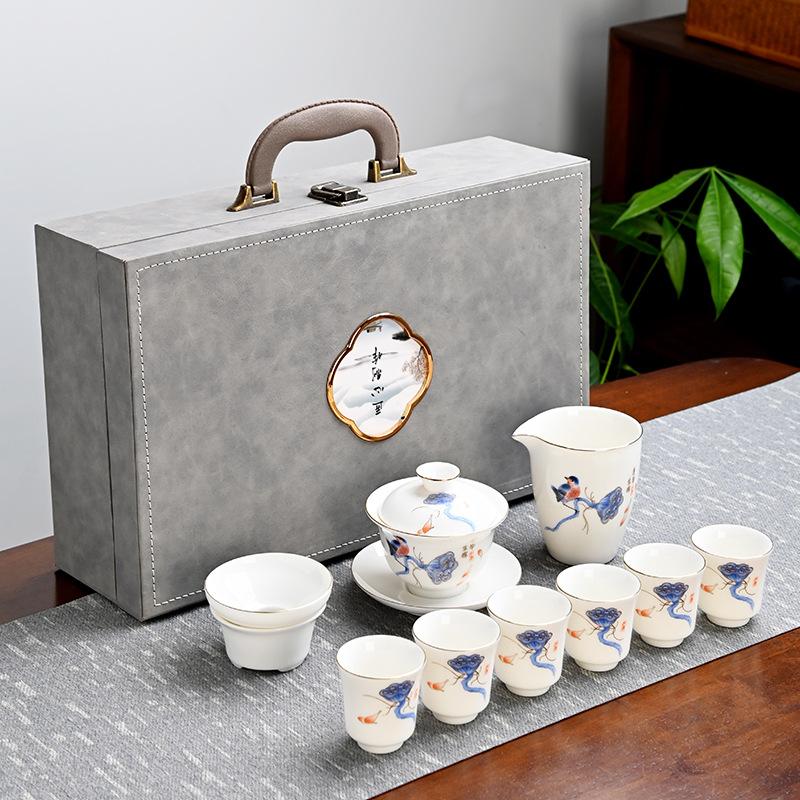 Dehua White Porcelain Kung Fu Suet Jade Tea Set Household Cover Bowl Gift Box Full Set of Jade Porcelain Full Set of Gifts