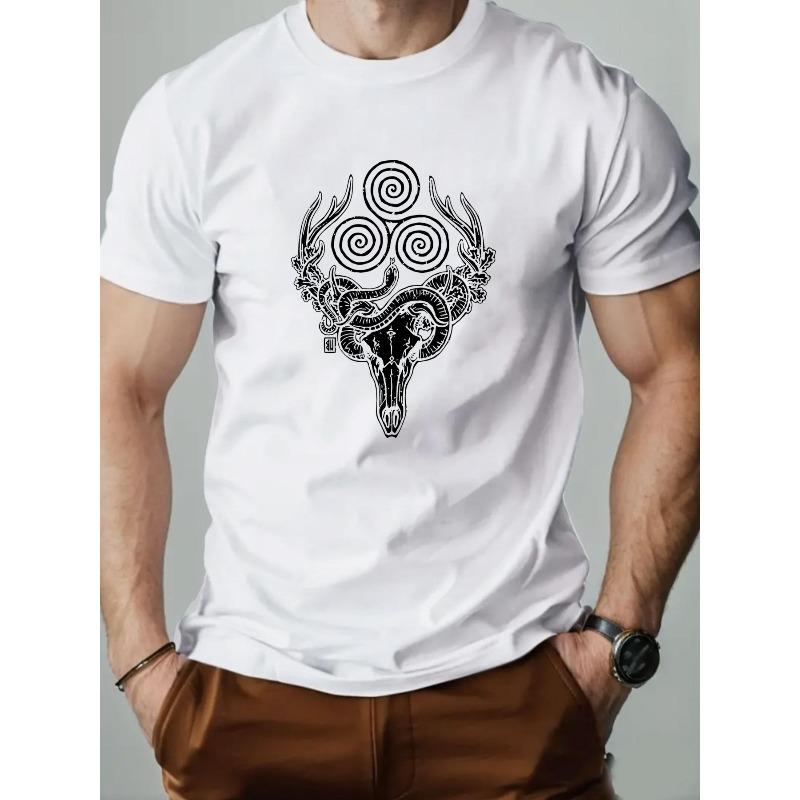 Men s Ram Head Pattern Summer Casual Crew Neck Short Sleeve T-Shirt S белый