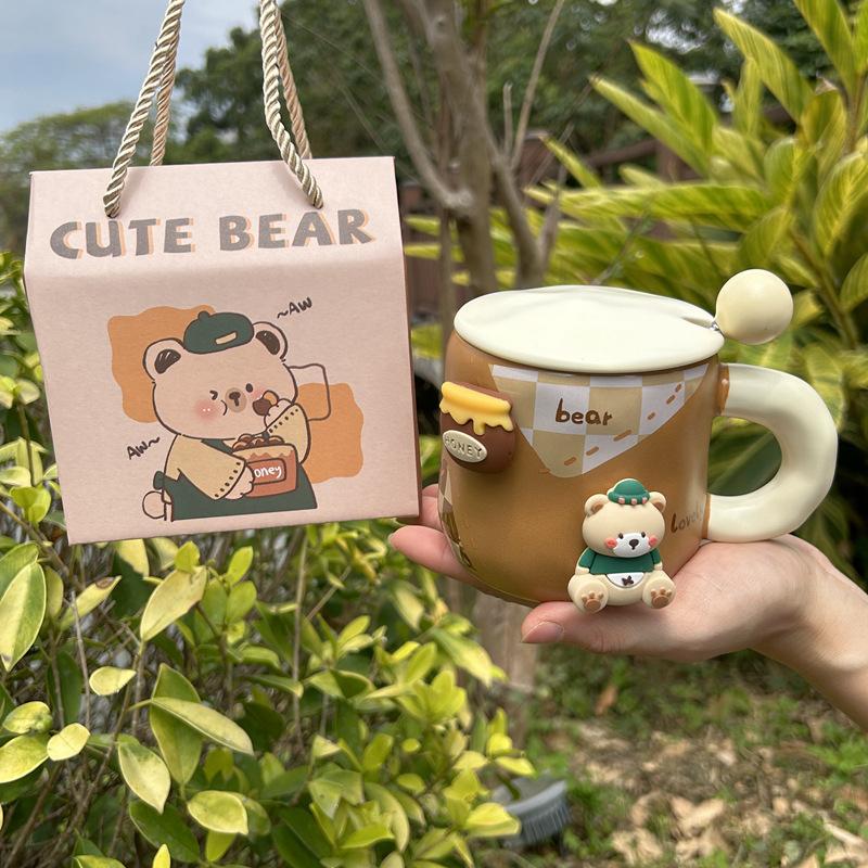Creative magnetic bear mug cute ceramic mug with lid spoon Korean coffee cup large capacity drinking cup