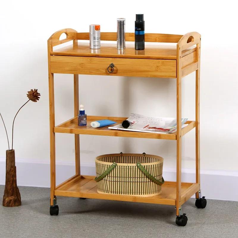 New Movable Bamboo Dining Trolley 3/4 Layer Tea Dining Cart Small Living Room Side Cabinet Beauty Salon Trolley Kitchen Shelf