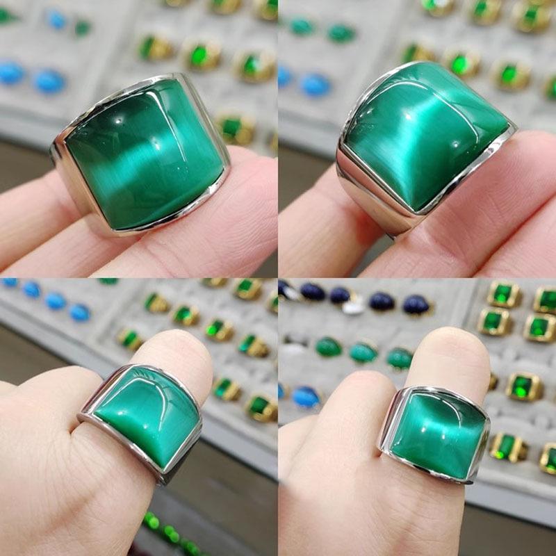 Inel Vintage Pătrat din Jad Hetian Natural cu Piatră Ochi de Pisică Smarald pentru Cupluri
