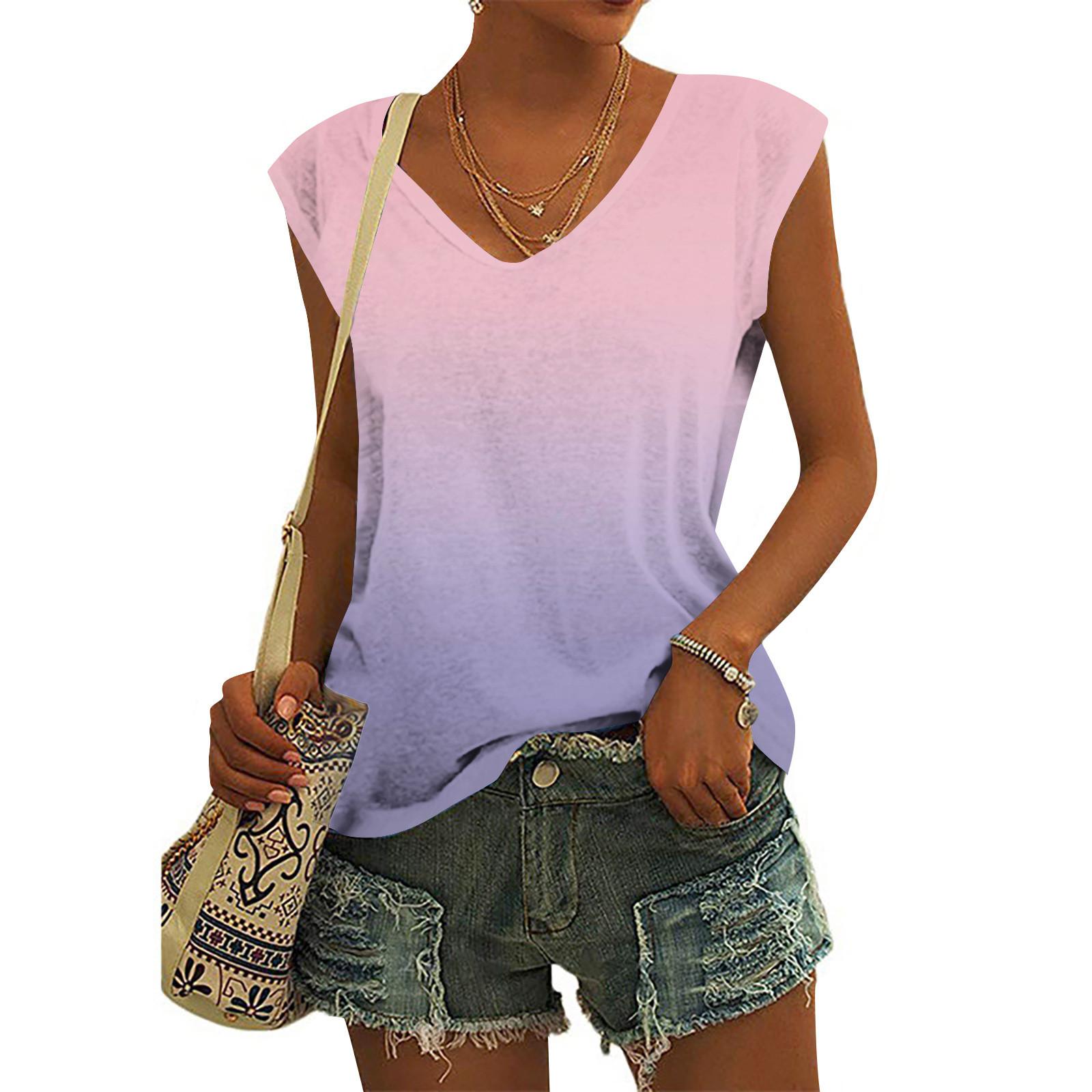 

Женские модные повседневные топы с принтом, рубашки без рукавов, пуловеры с V-образным вырезом, футболки XL розовый