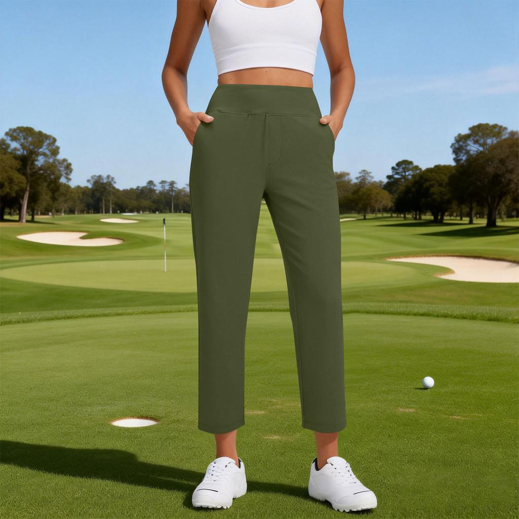 Women Straight Leg Pull On Pants with Elastic Waistband Stretch Fabric Classic Fit Trousers with Pockets