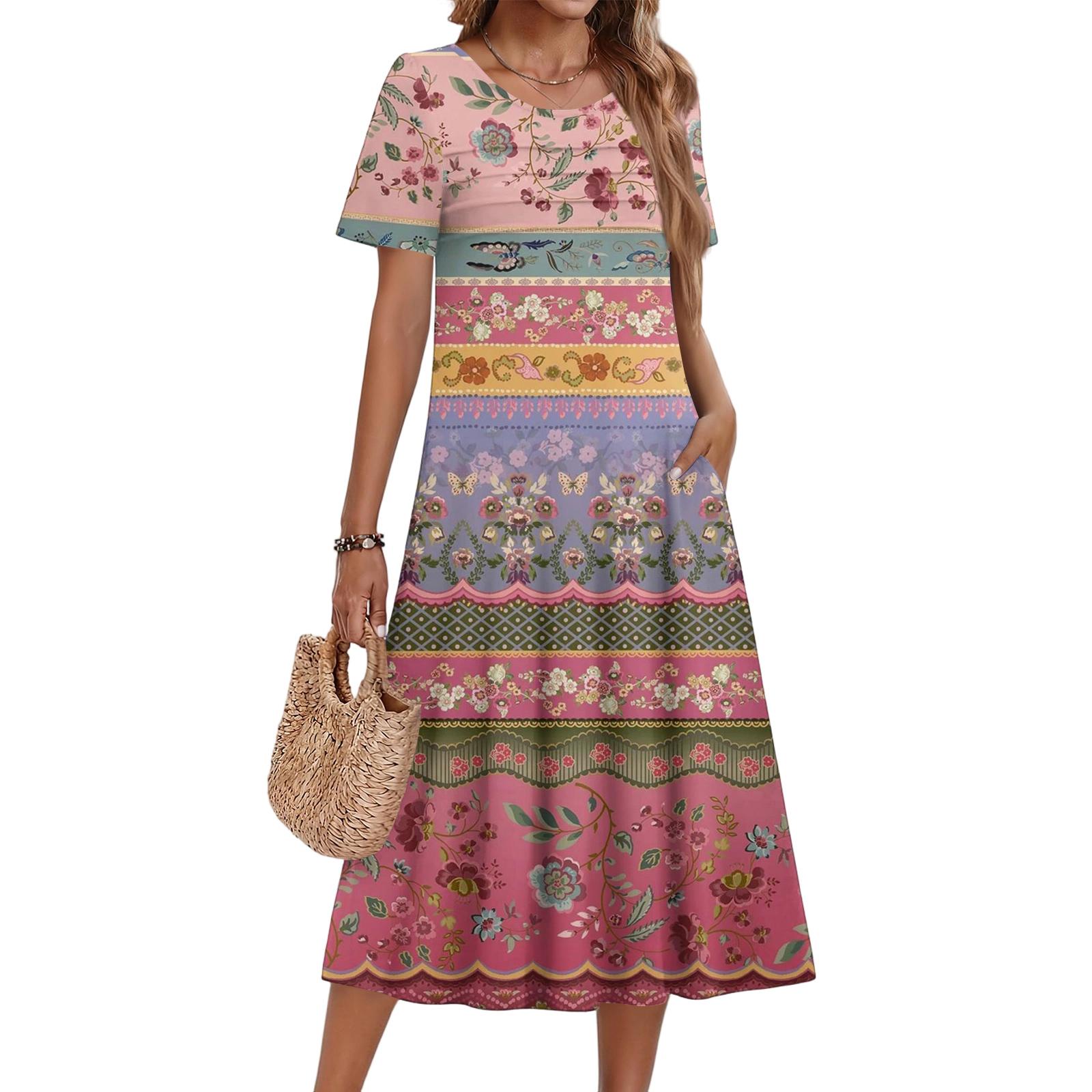 Ladies  Floral Printed Casual And Fashionable Short Sleeved Round Neck Dress S розовый