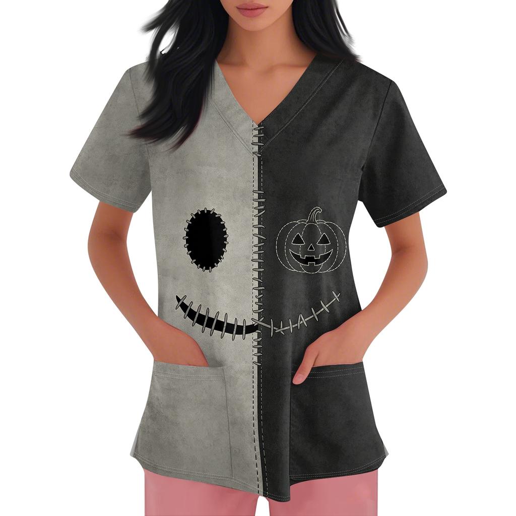 Women's Halloween Print Short Sleeve V-Neck Scrub Top with Pocket