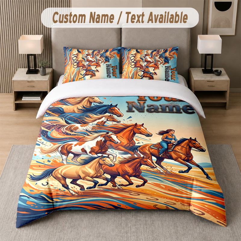 Horse Theme Custom Text Or Name 3Pcs Bedding Set 1 Flat Sheet & 2 Pillowcases Personalized Home Bedding