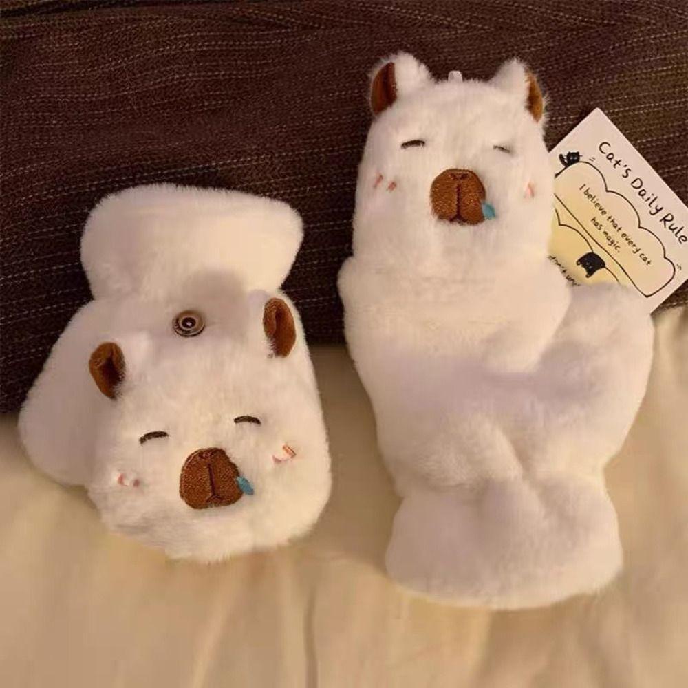 Flip Cover Capybara Gloves  Winter Velvet Gloves Lovely Women Mittens  Outdoor