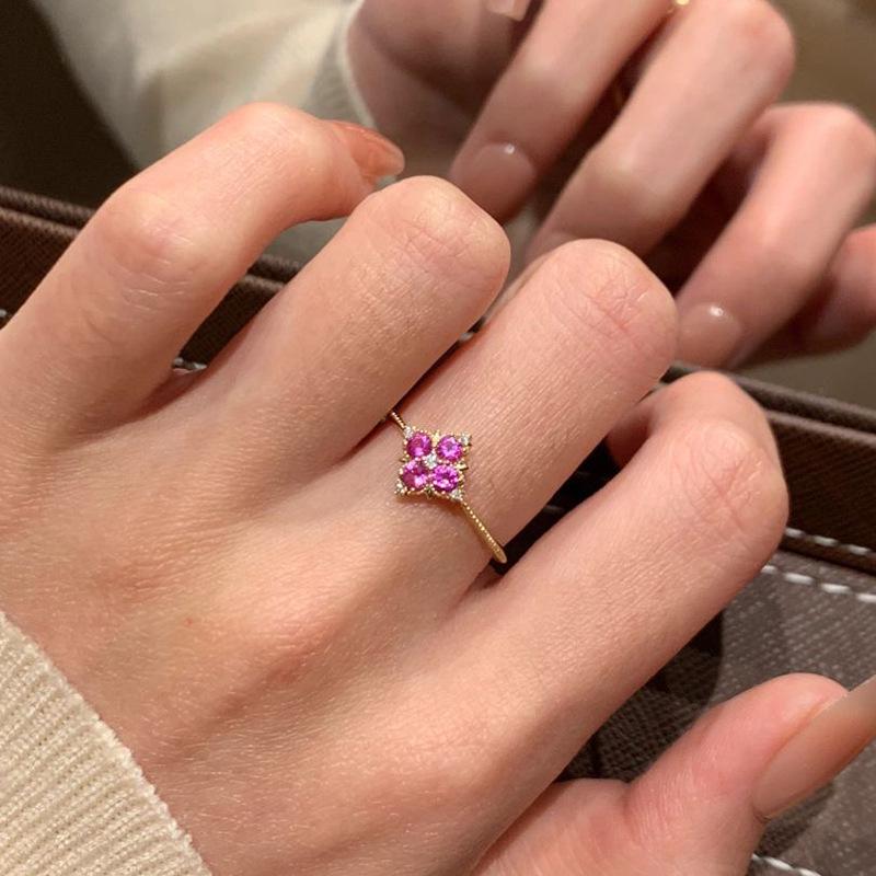 Xiaohongshu Fashion Purple Gem Clover Necklace & Exquisite Open Ring for Women Adjustable Open Size