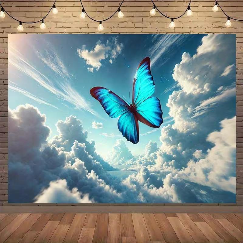 2D Flat Printing Blue Morpho Butterfly Backdrop Sky Cloud Party Background