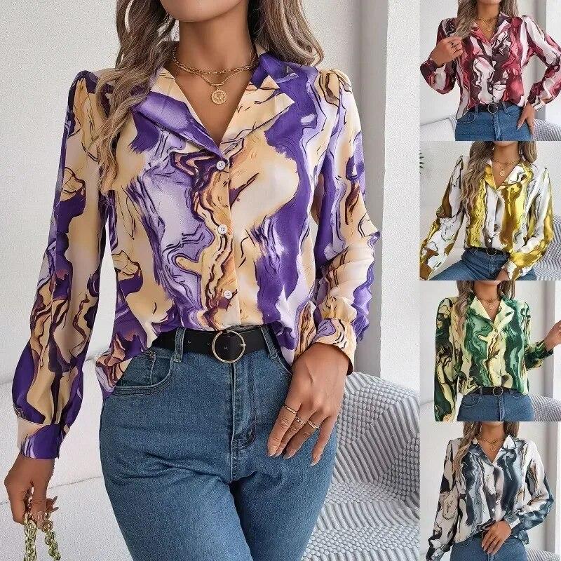 Office Lady Casual Fashion Contrast Color Print Blouse Women Long Sleeve Tops Autumn Winter Elegant Notched Shirt Clothes 28621